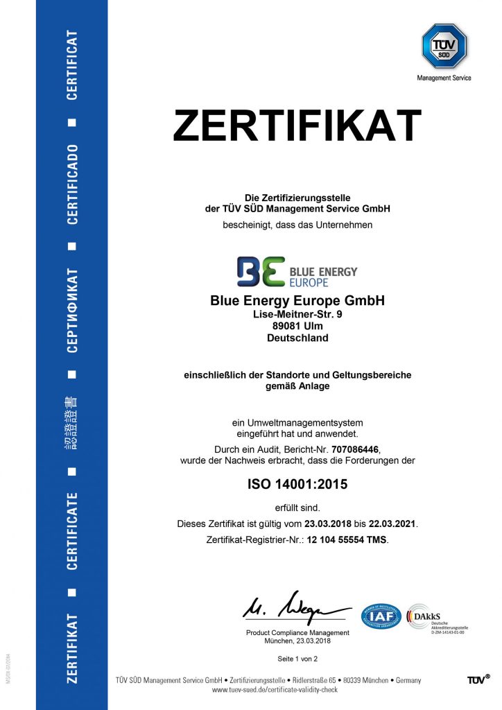 Blue Energy Europe führt ein Umweltmanagementsystem ISO 140012015 ein Blue Energy Group
